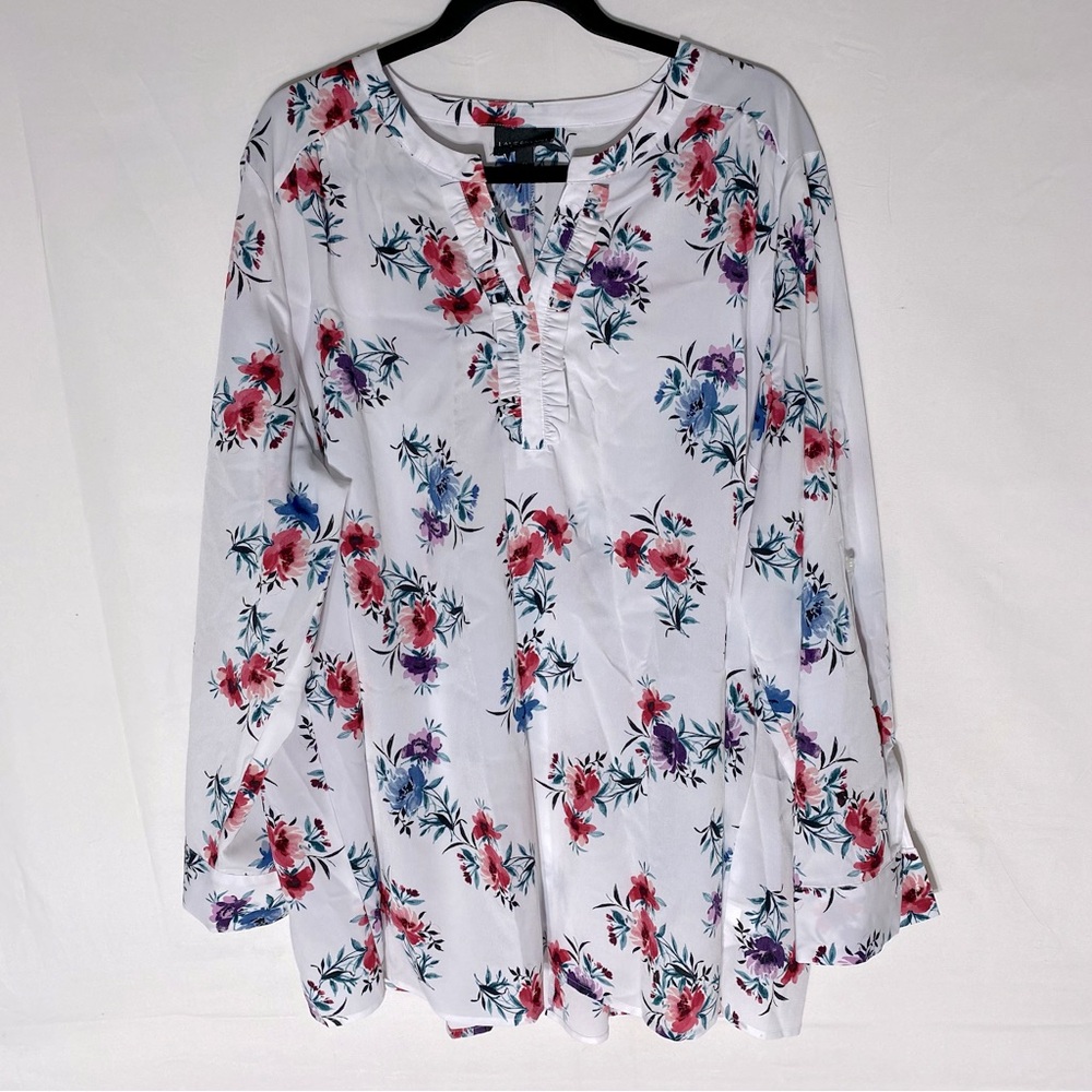 Lane Bryant White Red Blue Floral Long Sleeve Blouse 24